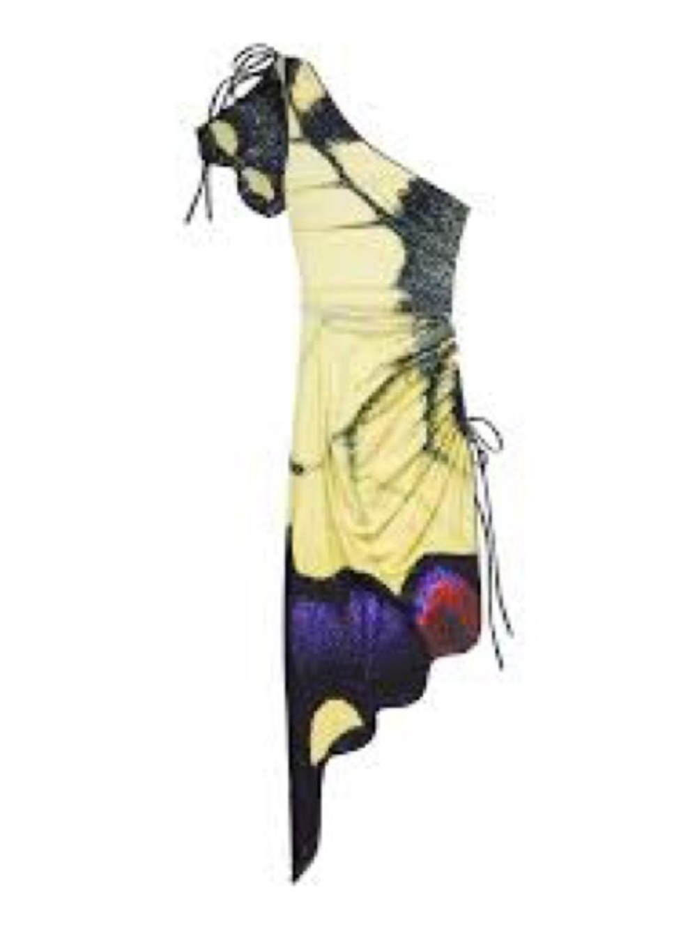 One-Shoulder Yellow Butterfly-Print Asymmetric Dress